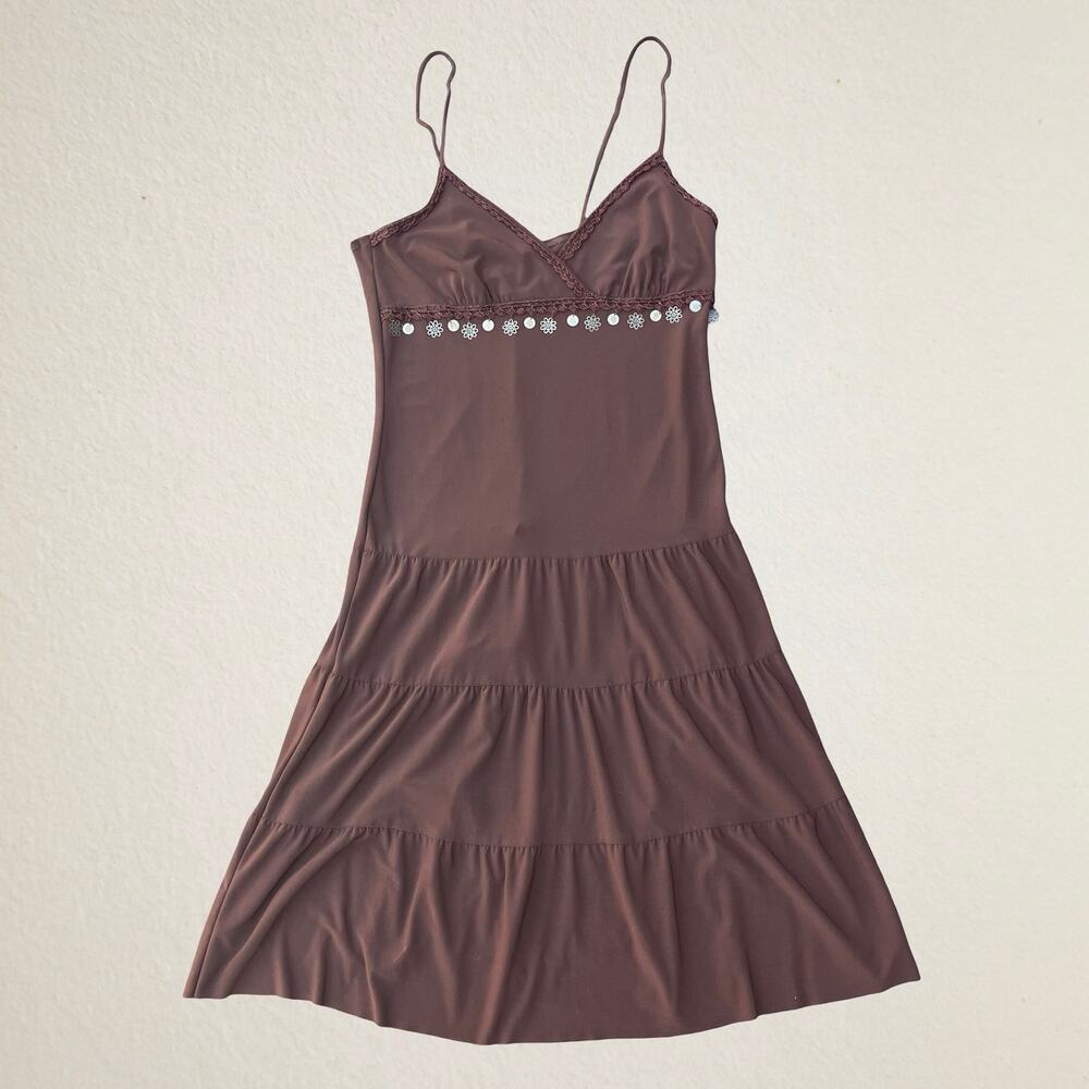 Vintage 90s brown babydoll tiered midi dress with charms, bohemian fairycore